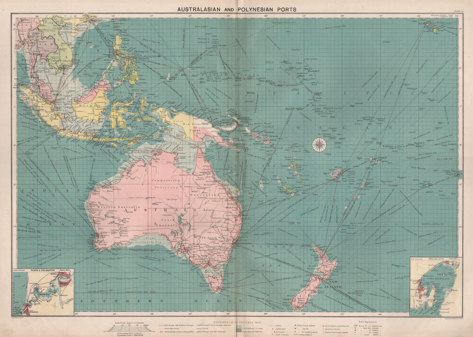 Australasian Polynesian Ports sea chart. lighthouses mail routes LARGE 1918 map